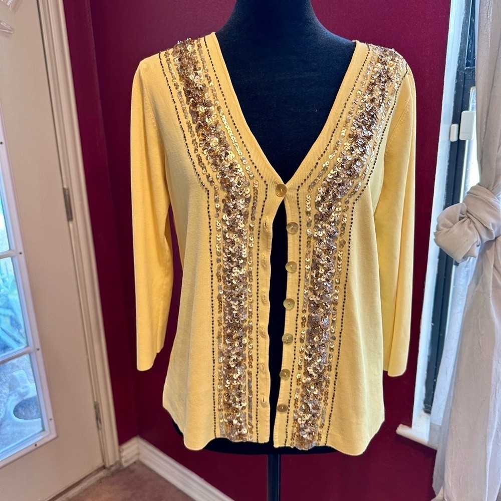 LOULOU Yellow Cardigan Sweater M Sequin Beaded Embellished Button Front